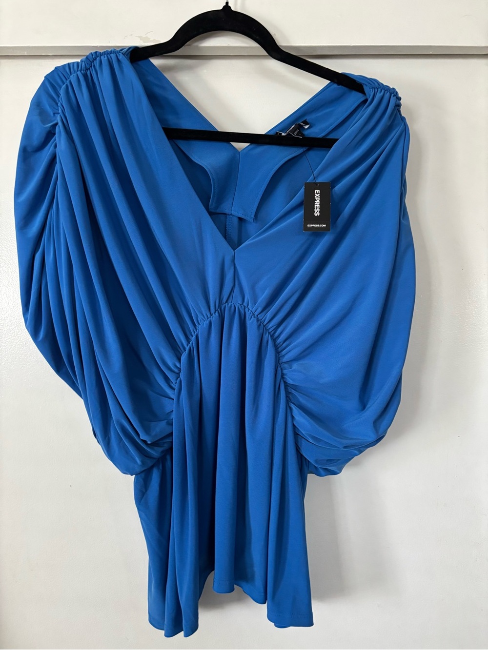 Grecian Express Women's Blue Draped Blouse V-Neck L New